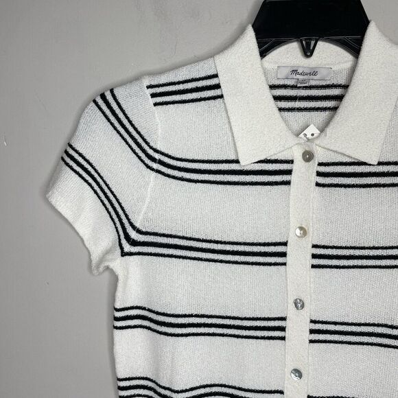 MADEWELL Sweater Women XS Polo Knit Tee NEW Ivory Stripe Short Sleeve NQ341 - Picture 3 of 14